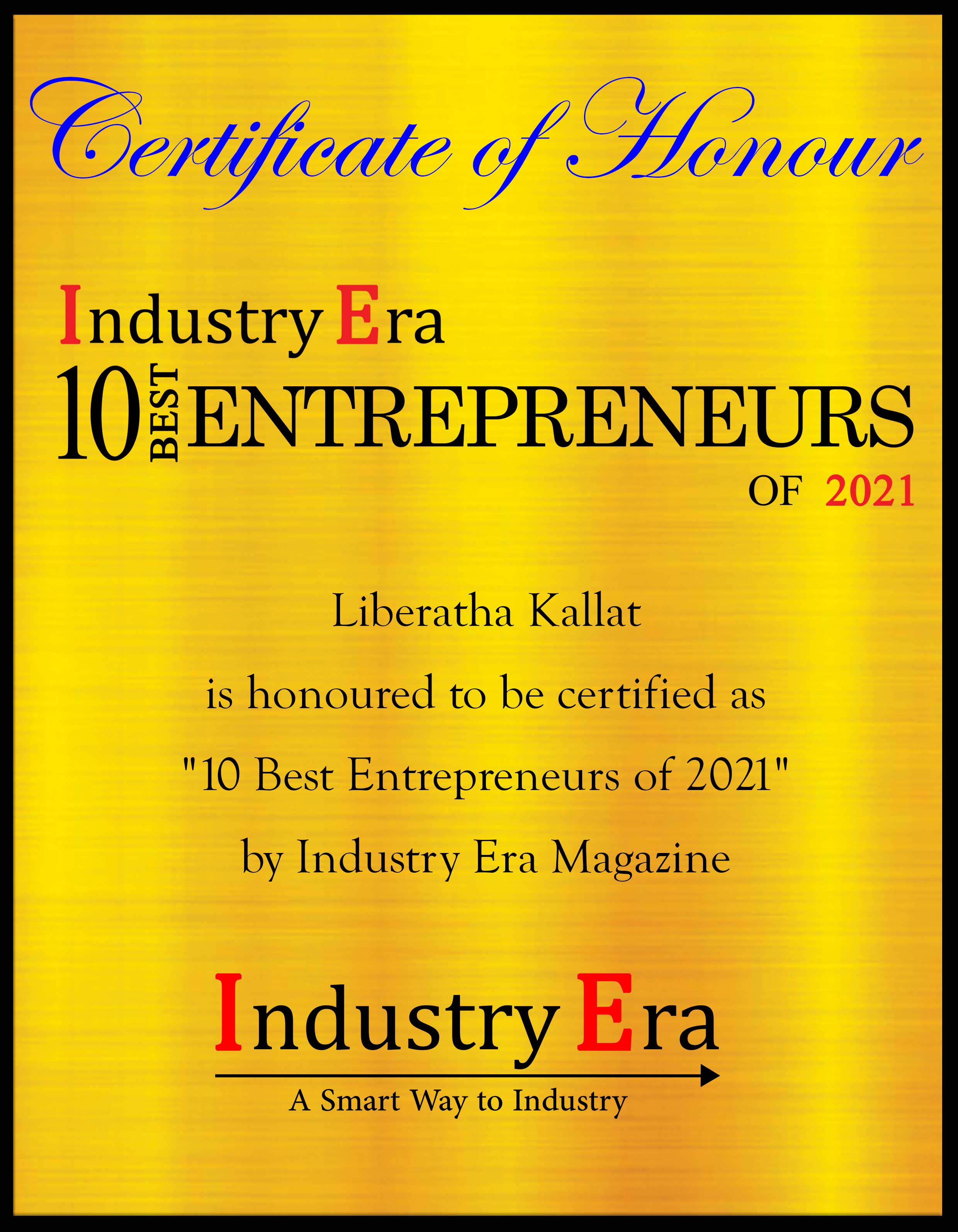 Liberatha Kallat, Founder & Managing Director of DreamFolks Services Pvt. Ltd Certificate