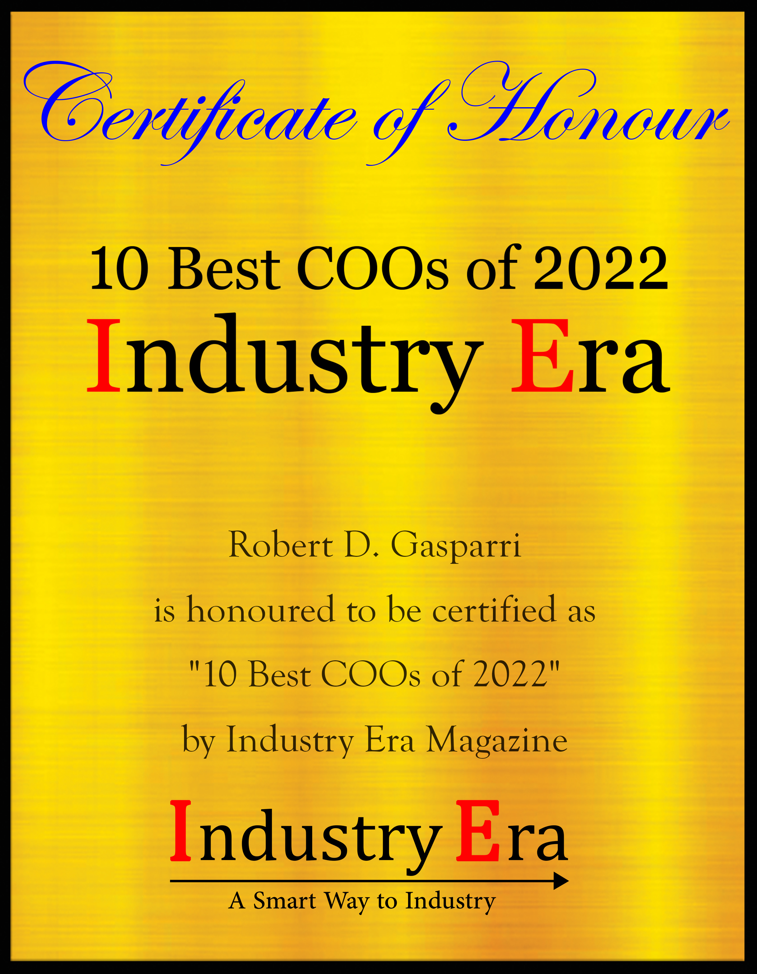 Robert D. Gasparri, COO of Golden Boy Promotions Certificate