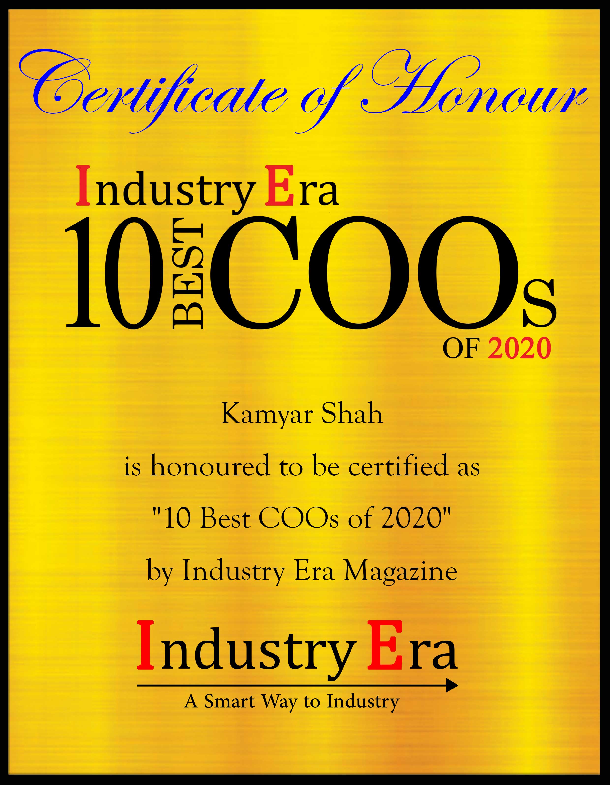 Kamyar Shah COO Kamyar Shah Certificate