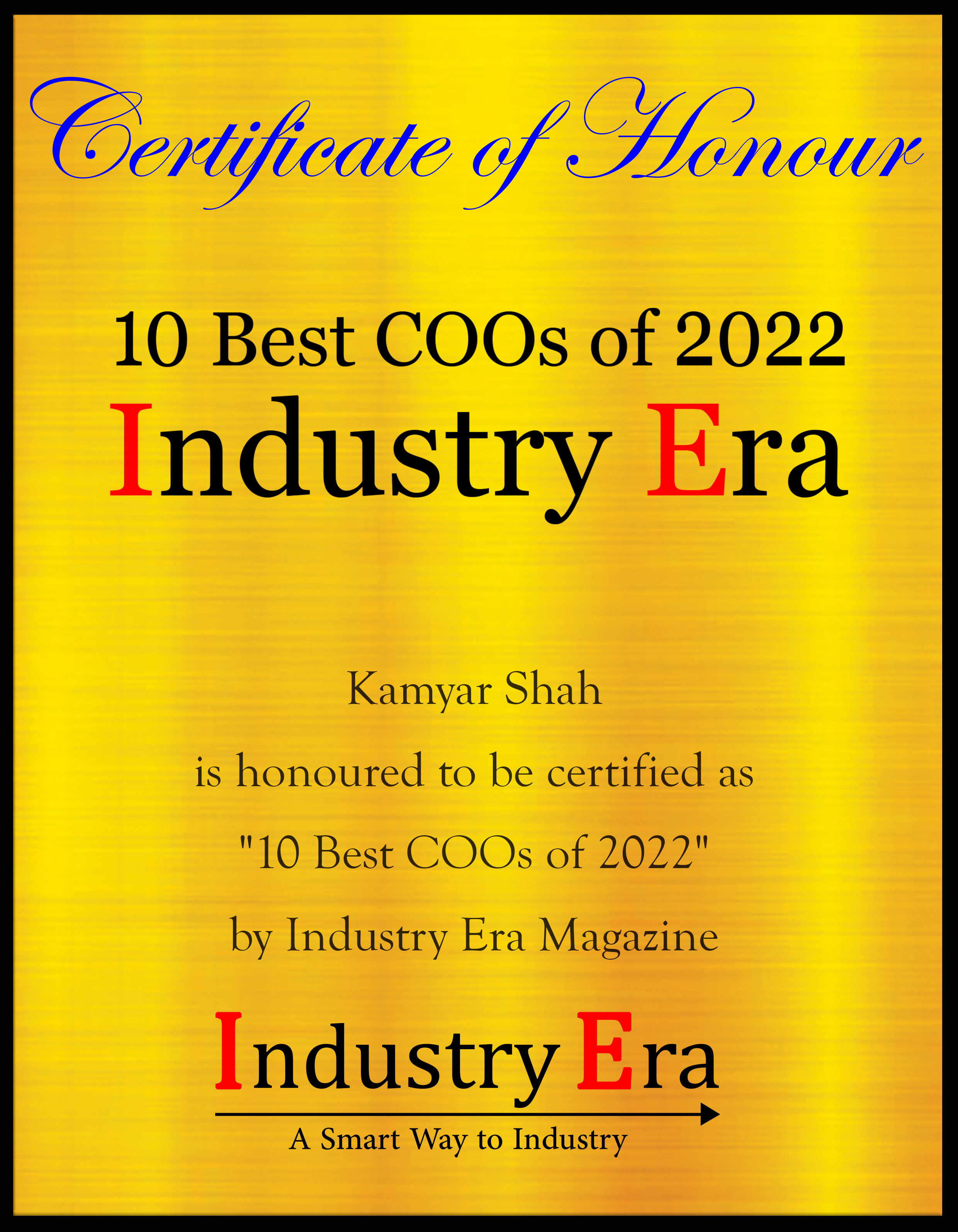 Kamyar Shah, COO Certificate