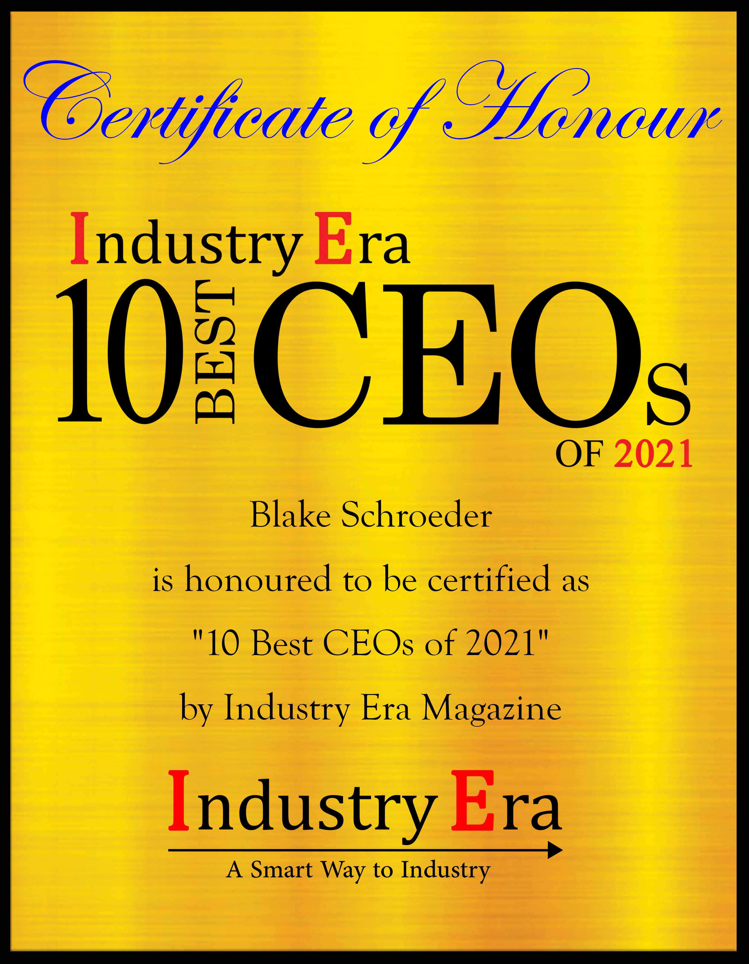 Blake Schroeder, CEO of Medical Marijuana, Inc. Certificate