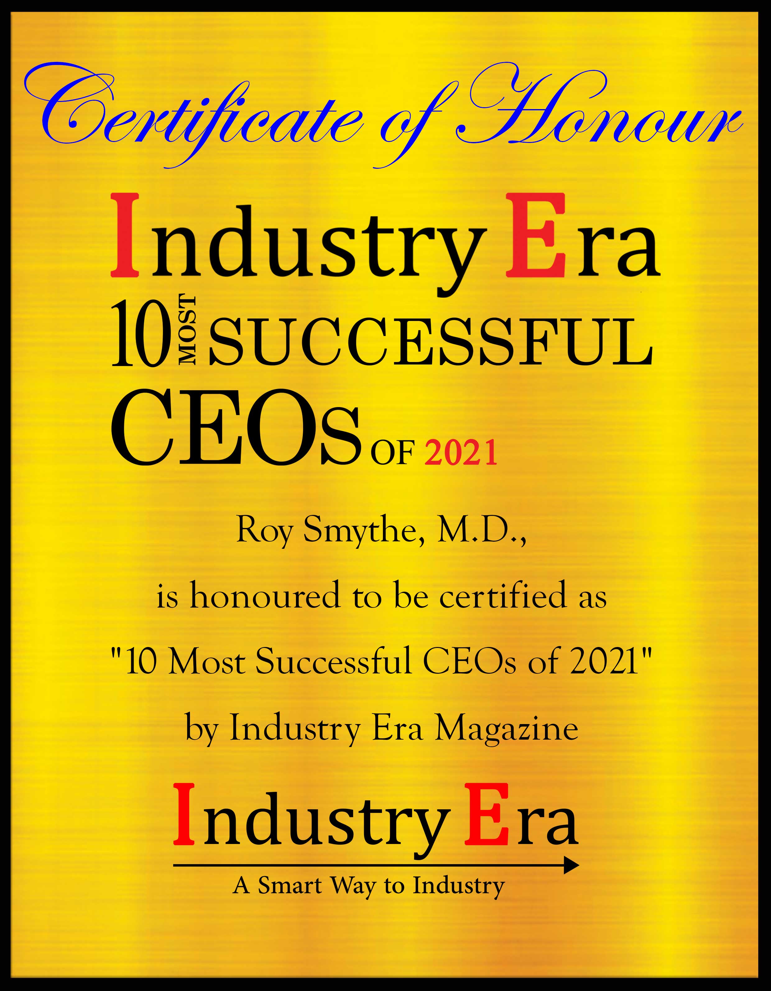 Roy Smythe, M.D., Chief Executive Officer of SomaLogic Certificate